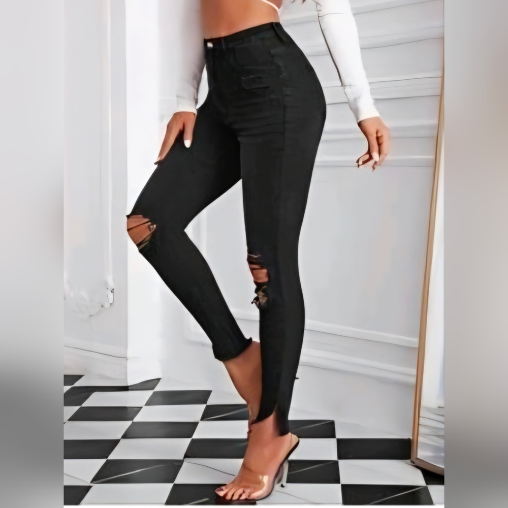 SHEIN Black Ripped High-Waist Skinny Jeans